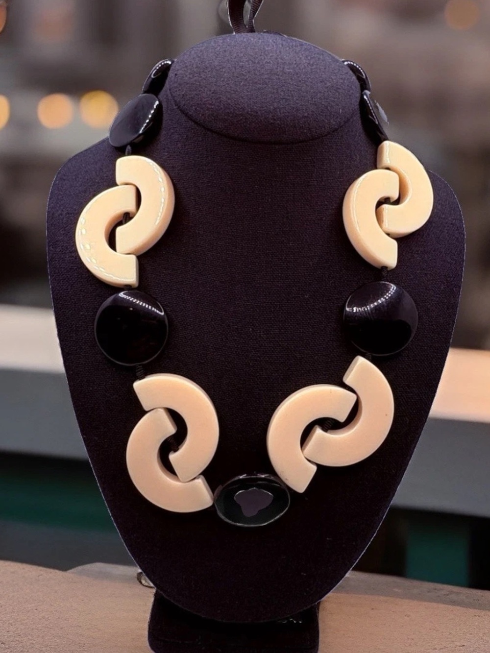 Black And Cream Geometric Links Necklace Acrylic Artistic Design Ribbon Tie